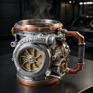 Turbocharger coffee mug with weathered silver finish