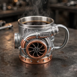 Turbocharger Engine Coffee Mug with stainless steel interior on an industrial workshop bench